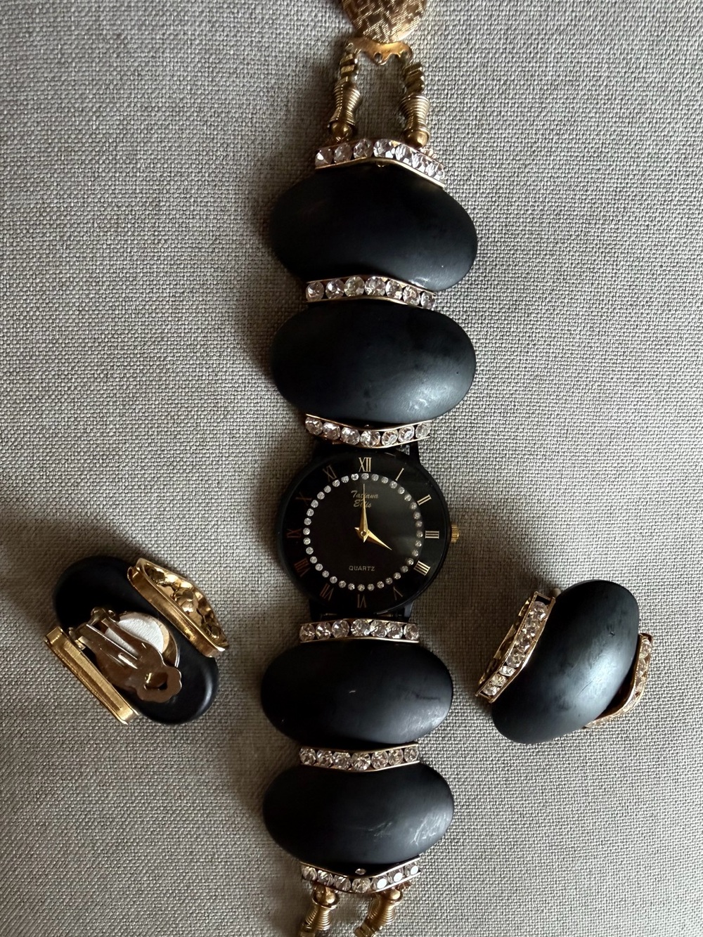 Black Bracelet Watch with Gold & Rhinestone Accents & Matching Clip-on Earrings